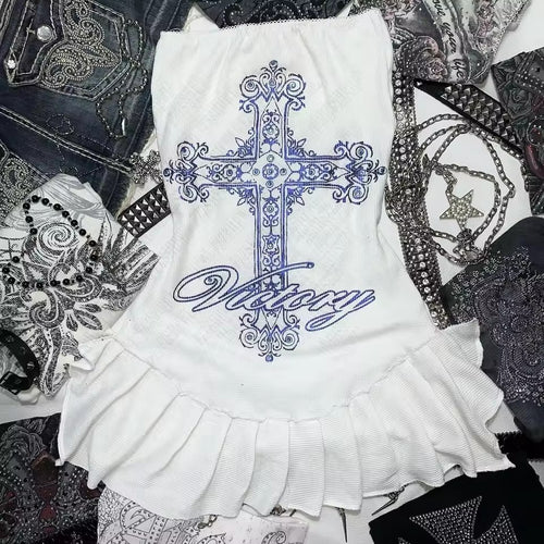 Damen Figurbetontes Rüschenkleid mit Kreuzmotiv R&B