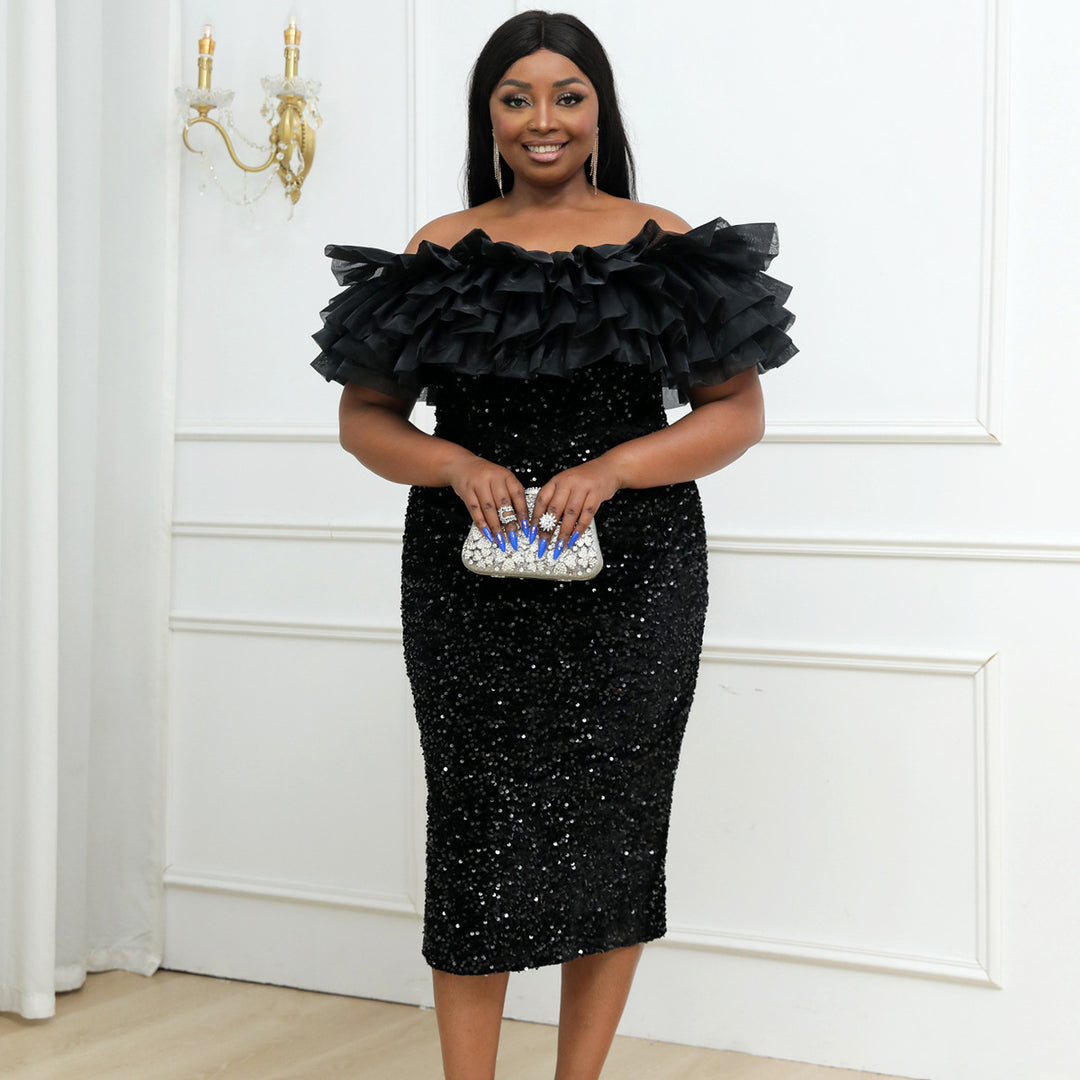 Damen glamouröses Abendkleid mit voluminösen Rüschen und Pailletten R&B
