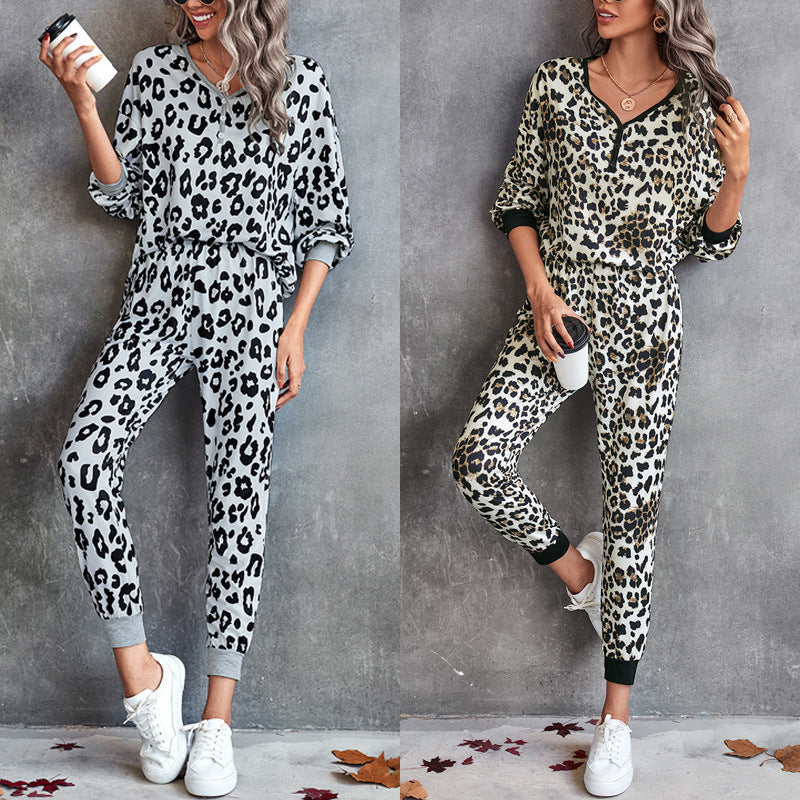 Damen Leo-Print Jogginganzug mit breitem Taillenbund und modischen Bündchen R&B