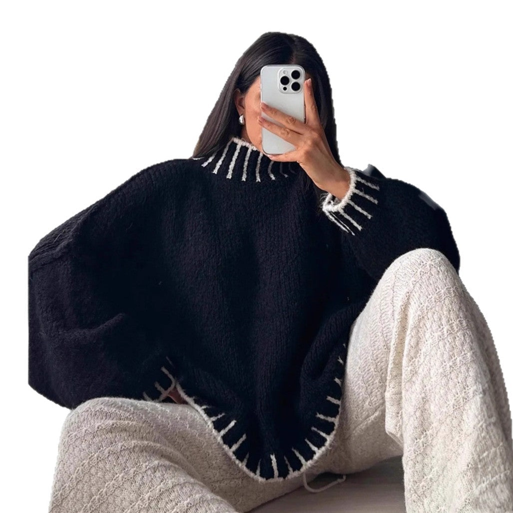 Damen lässiger Grobstrickpullover mit voluminösen Ärmeln und hohem Kragen R&B