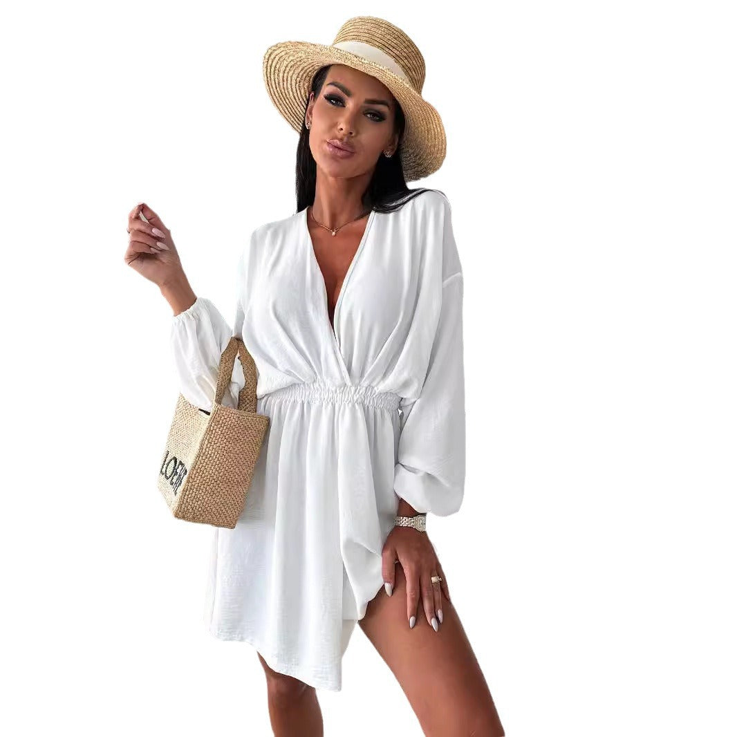 Damen Mini-Jumpsuit mit tieferem V-Ausschnitt und lässigen Puffärmeln R&B