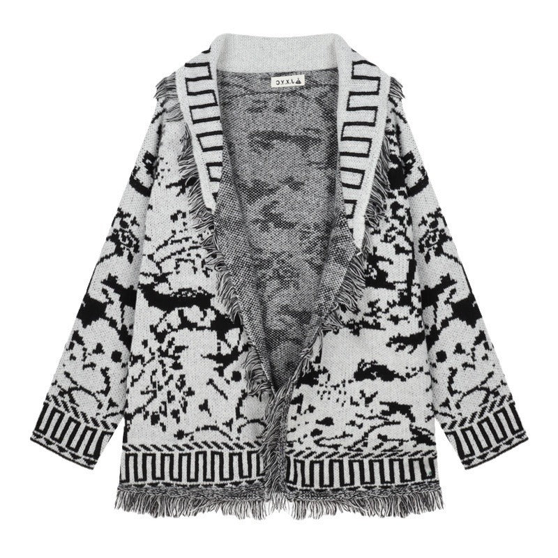 Damen Fransen-Strickjacke mit grafischem Muster und offenen Vorderteilen R&B