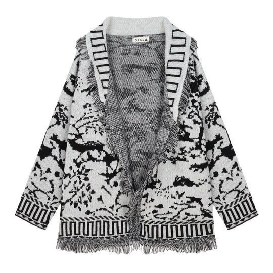 Damen Fransen-Strickjacke mit grafischem Muster und offenen Vorderteilen R&B