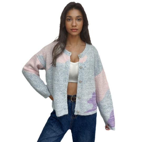 Damen kreativer Strickpullover mit asymmetrischem Ausschnitt und buntem Design R&B