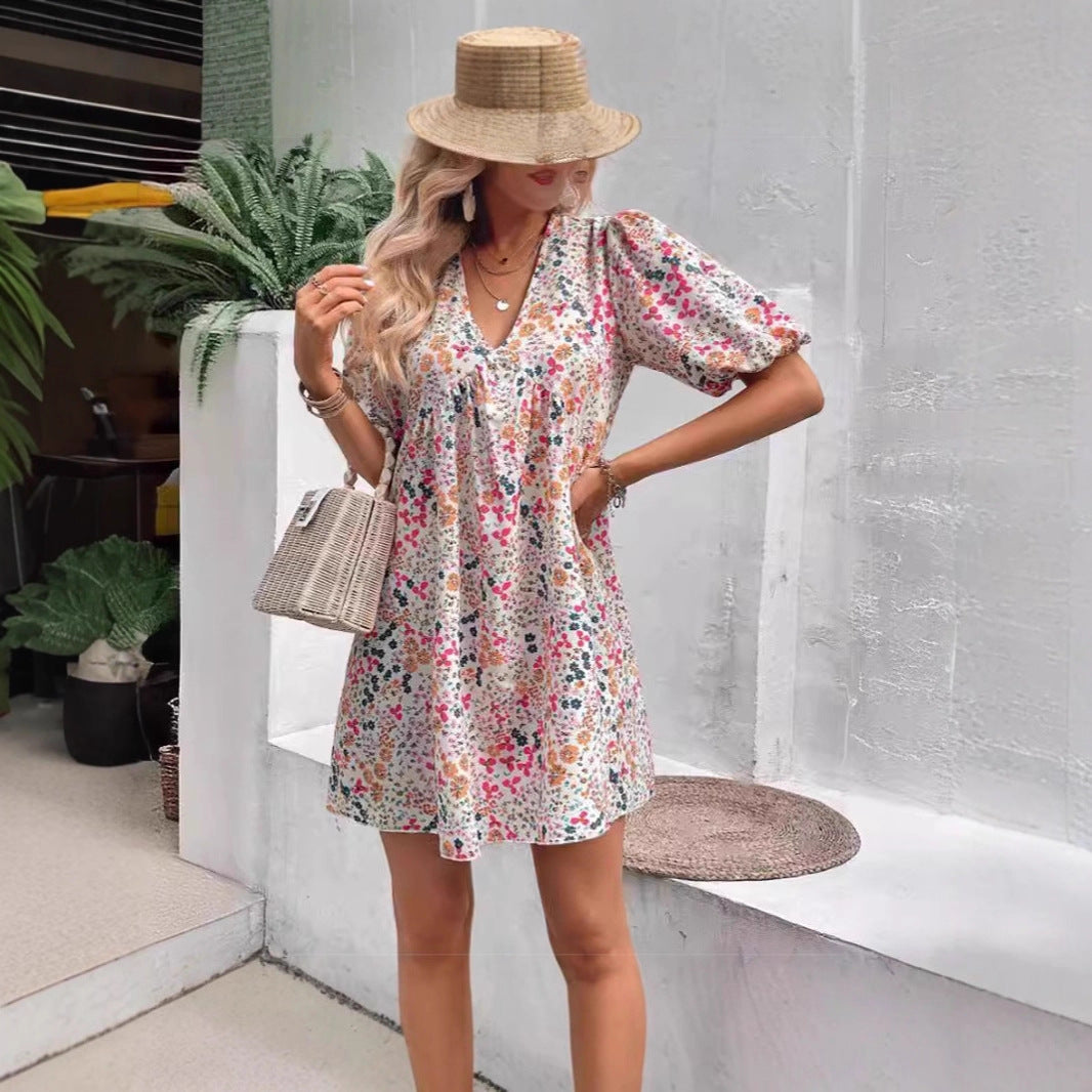 Damen Verspieltes Blümchenkleid mit Puffärmeln und V-Ausschnitt R&B