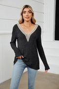 Damen Strickpullover mit V-Ausschnitt und romantischer Spitze R&B