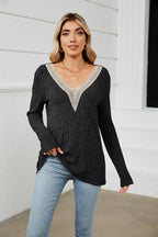 Damen Strickpullover mit V-Ausschnitt und romantischer Spitze R&B