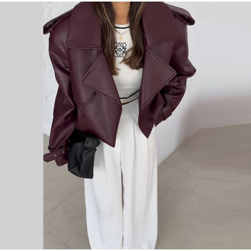 Damen modische Bikerjacke im Oversized-Stil mit Volumenärmeln R&B