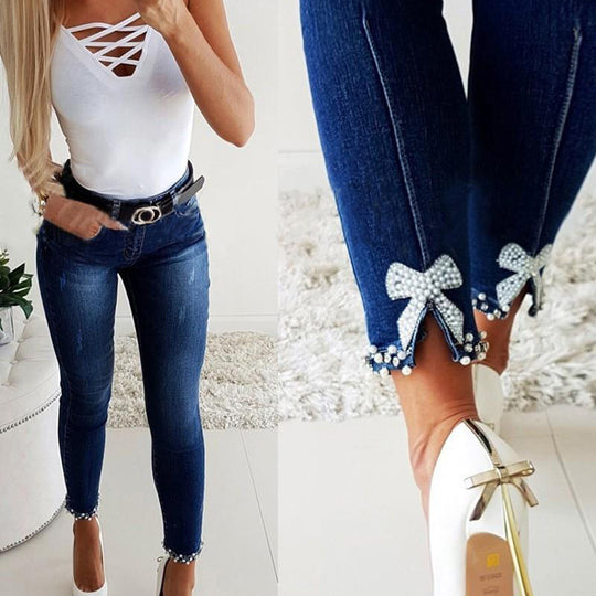 Damen Skinny Jeans mit Perlen- und Schleifendetails R&B