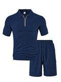 Herren nan komfortables Kurzarm-Halbzip-Set mit Polokragen und elastischer Kordelhose aus Strukturstrick R&B