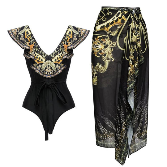 Damen Einteiler Badeanzug mit elegantem Design und passendem Wickeltuch R&B