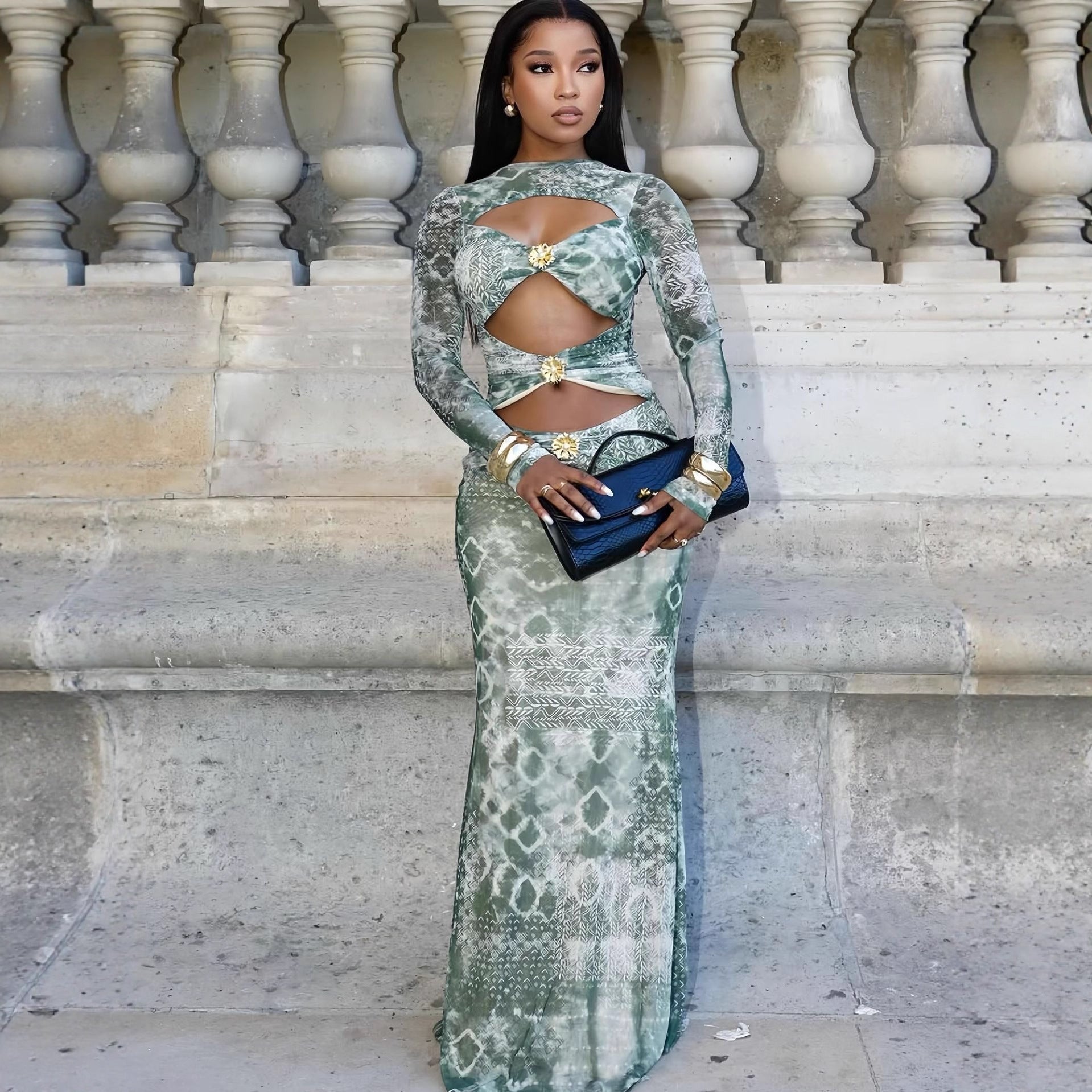 Damen Maxikleid mit transparenten Einsätzen und raffinierten Rüschendetails R&B