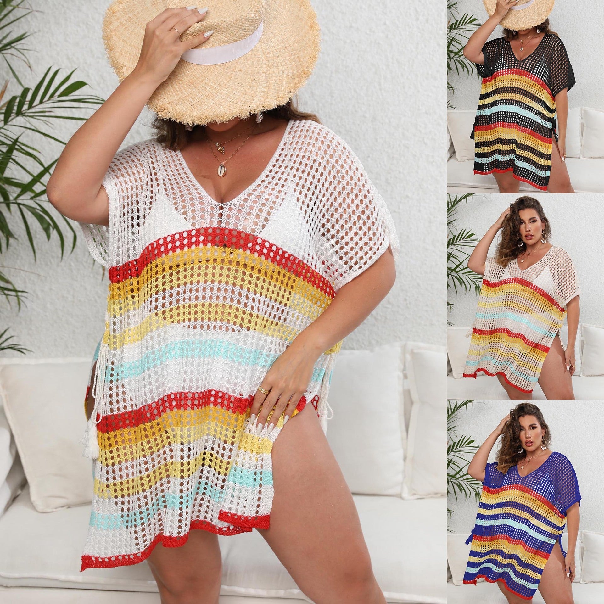 Damen luftiger Strandüberwurf mit buntem Lochdesign R&B
