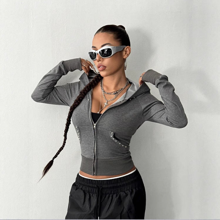Damen modische Zip-Hoodie mit Silberschmuck-Details R&B