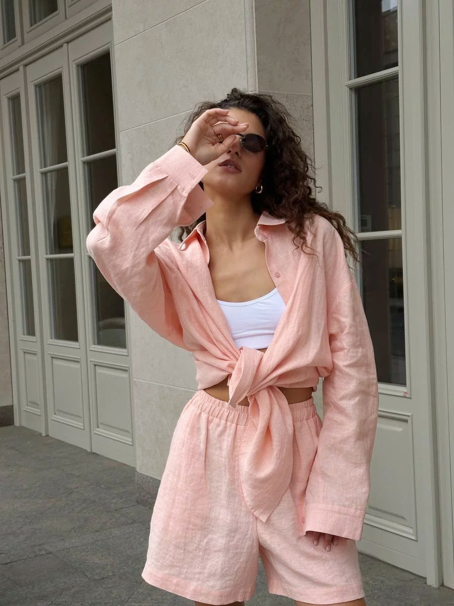 Damen lässige Leinenbluse und Shorts Set R&B