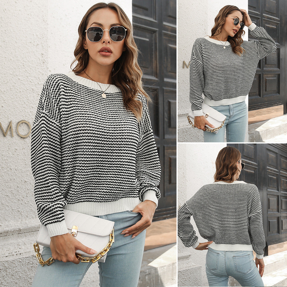 Damen Weit geschnittener Strickpullover mit modernem Wellenmuster und weitem Ausschnitt R&B