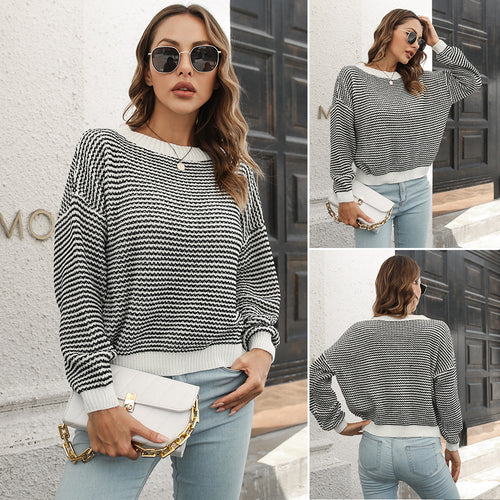 Damen Weit geschnittener Strickpullover mit modernem Wellenmuster und weitem Ausschnitt R&B