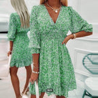 Damen Blumenkleid mit V-Ausschnitt und Puffärmeln R&B