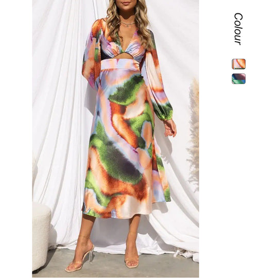 Damen Midi-Kleid mit innovativem Schnitt und farbenfrohem Muster R&B