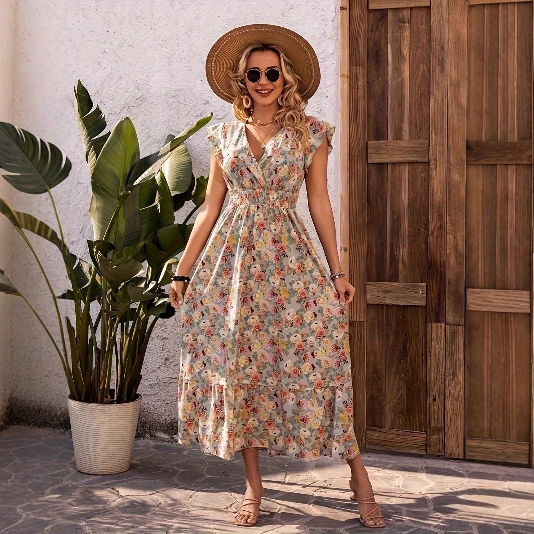Damen Maxikleid mit fließendem Schnitt und Rüschen R&B
