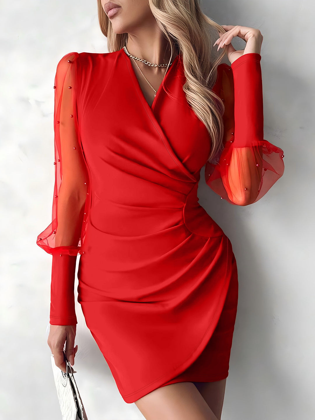 Damen Wickelkleid mit transparenten Puffärmeln und glitzernden Detals R&B