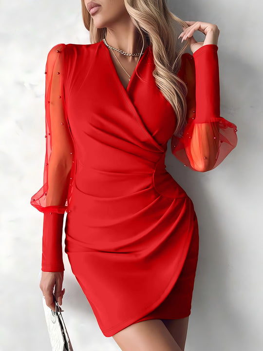 Damen Wickelkleid mit transparenten Puffärmeln und glitzernden Detals R&B