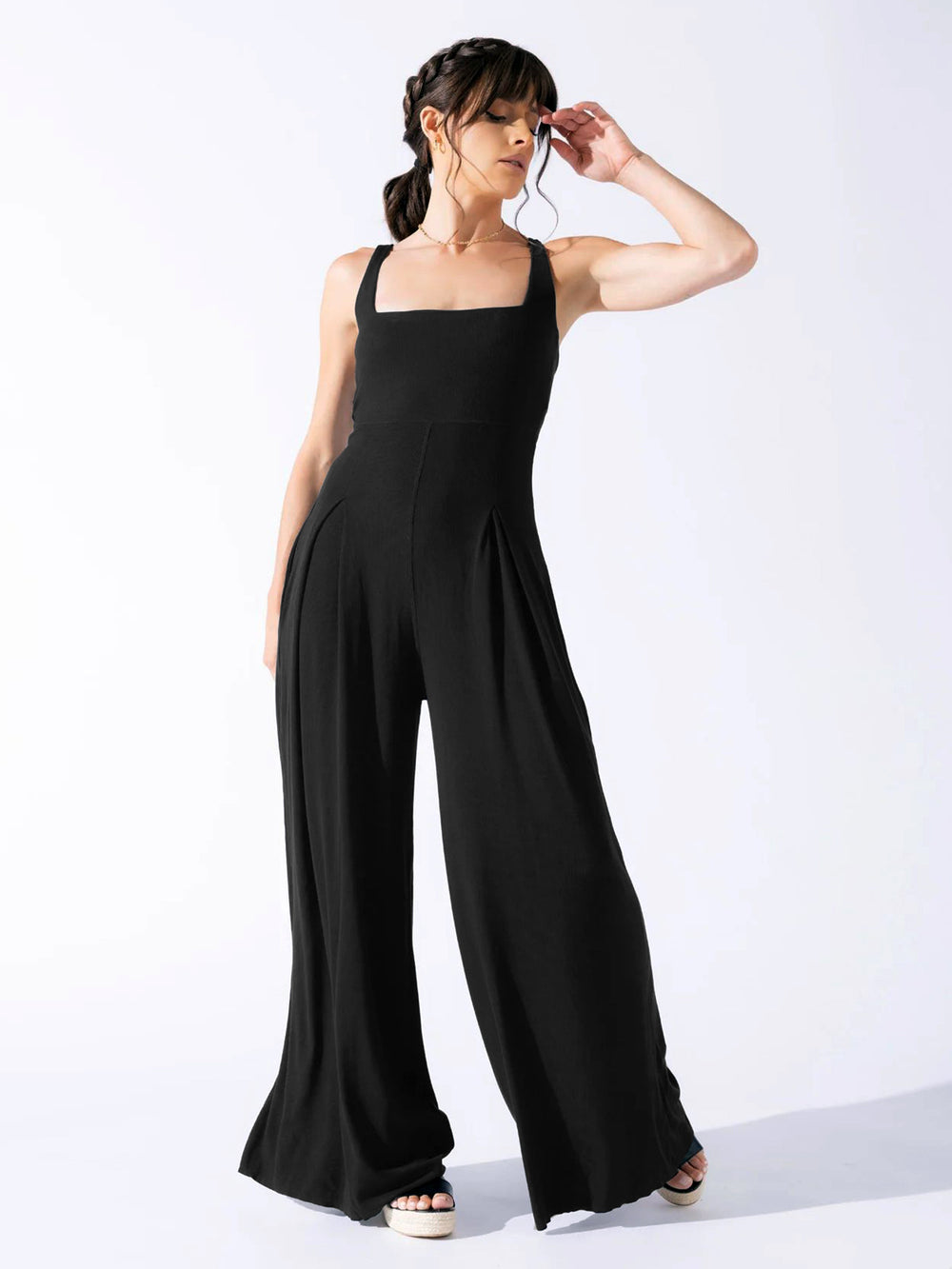 Damen Eleganter Jersey Jumpsuit mit weitem Bein und tiefem Ausschnitt R&B