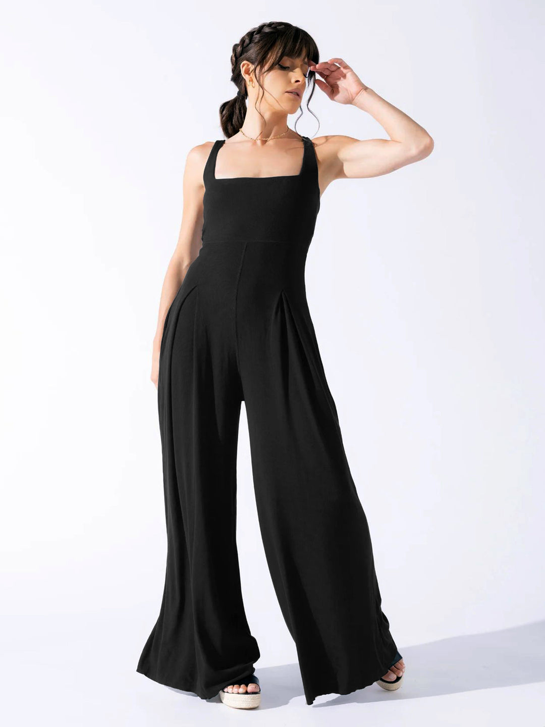 Damen Eleganter Jersey Jumpsuit mit weitem Bein und tiefem Ausschnitt R&B