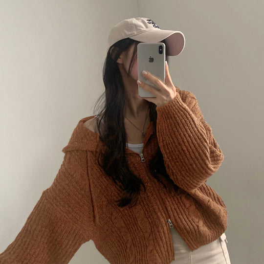 Damen Bequemer Strickjacke mit Kapuze und Reißverschluss R&B
