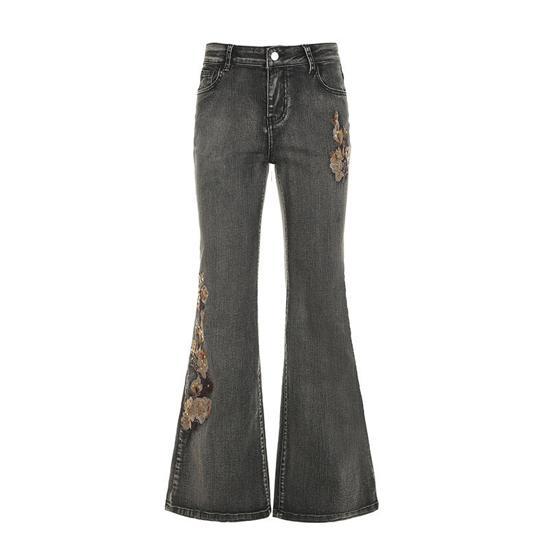 Damen Flared Jeans mit floralem Stickdesign R&B