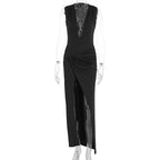 Damen elegantes langes Kleid mit tiefem V-Ausschnitt und raffinierter Raffung R&B