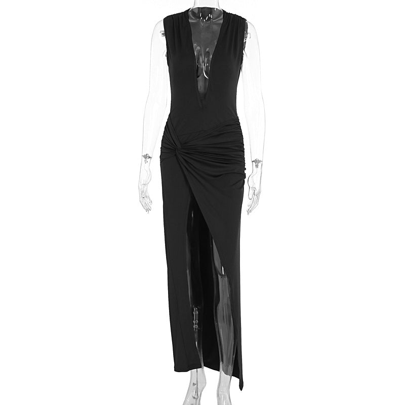 Damen elegantes langes Kleid mit tiefem V-Ausschnitt und raffinierter Raffung R&B