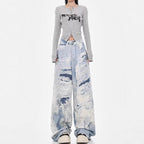 Damen Weite Jeanshose im kreativen Kunstdesign R&B