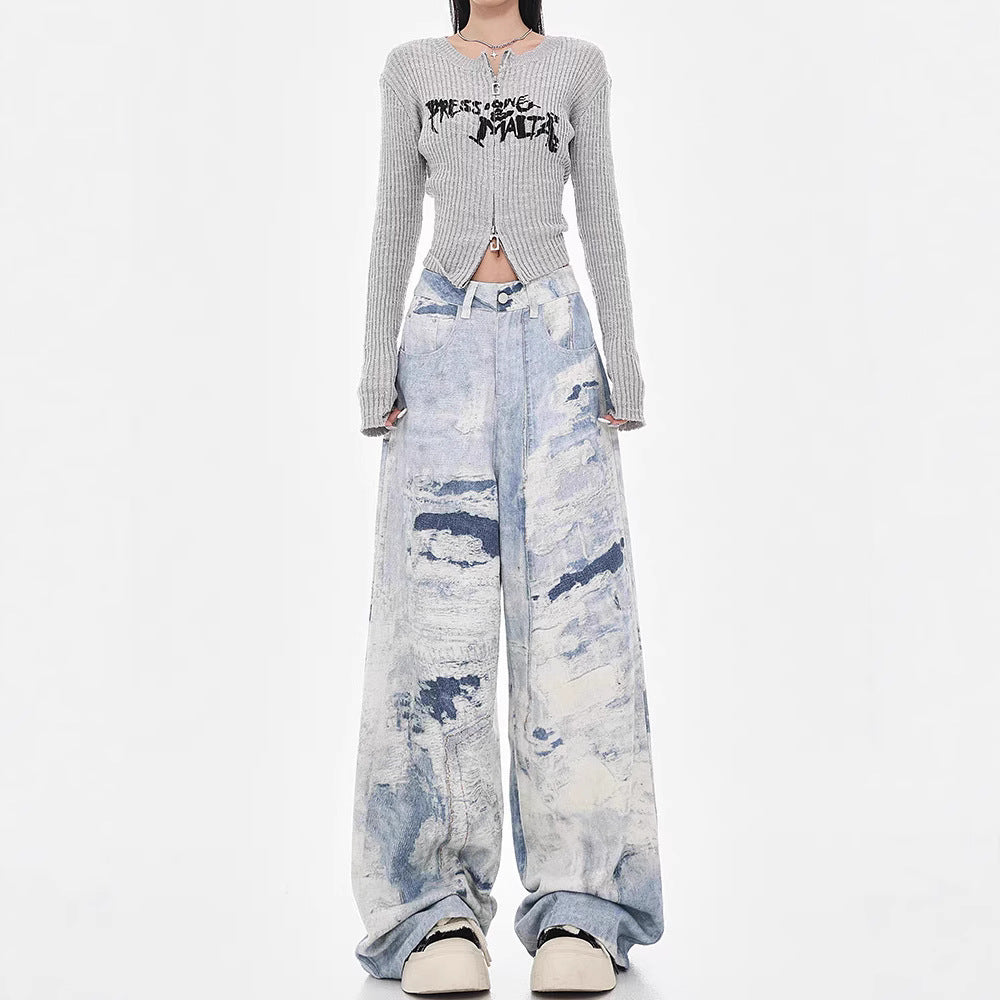 Damen Weite Jeanshose im kreativen Kunstdesign R&B