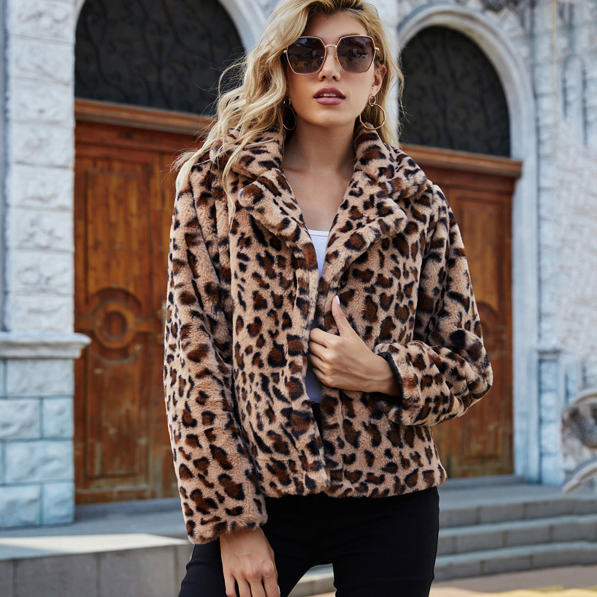 Damen Kuschelige Leopardenmuster-Jacke mit elegantem Kragen und weichem Innenfutter R&B