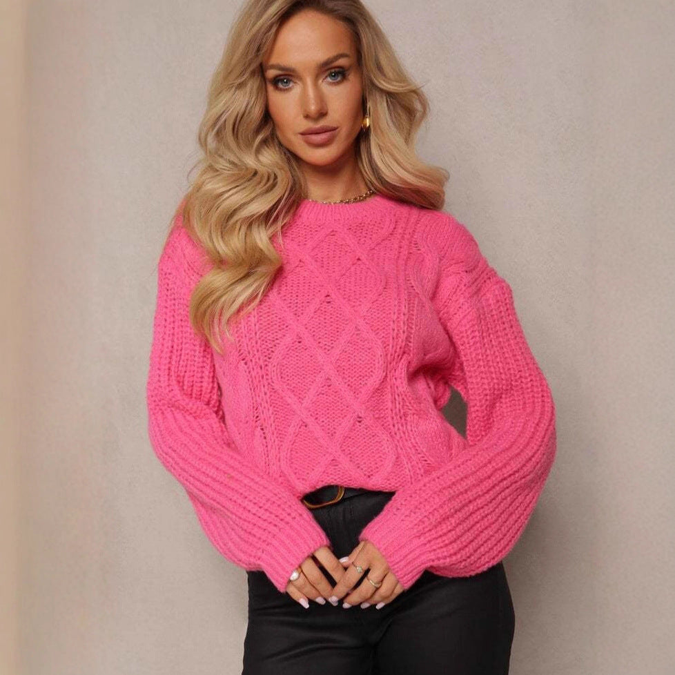 Damen lässiger Grobstrickpullover mit modernem Zopfdesign und gemütlichem Schnitt R&B