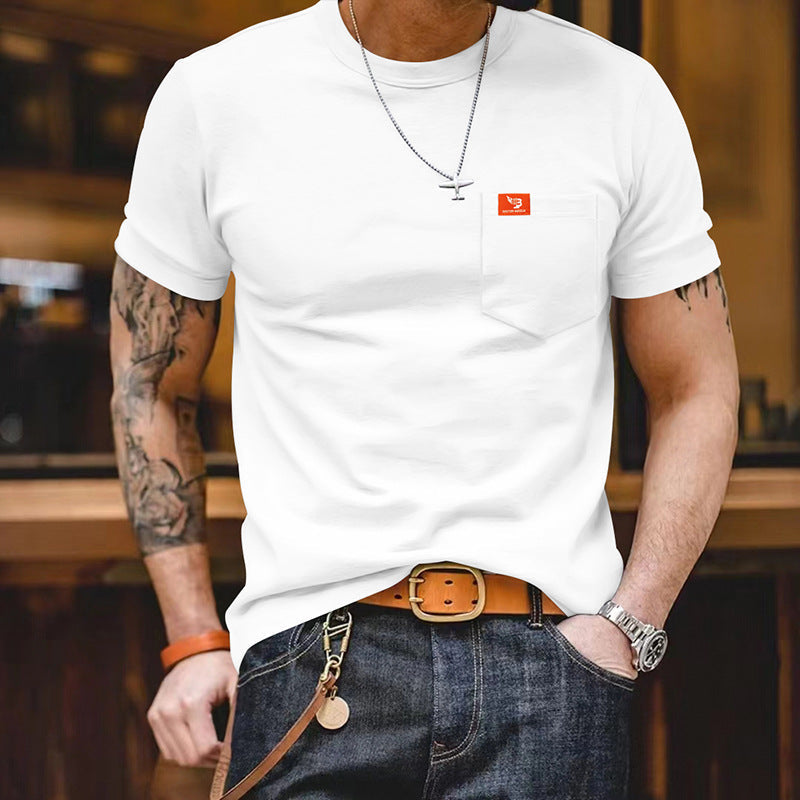 Herren klassisches Kurzarm T-Shirt mit Brusttasche aus hochwertiger Baumwolle R&B