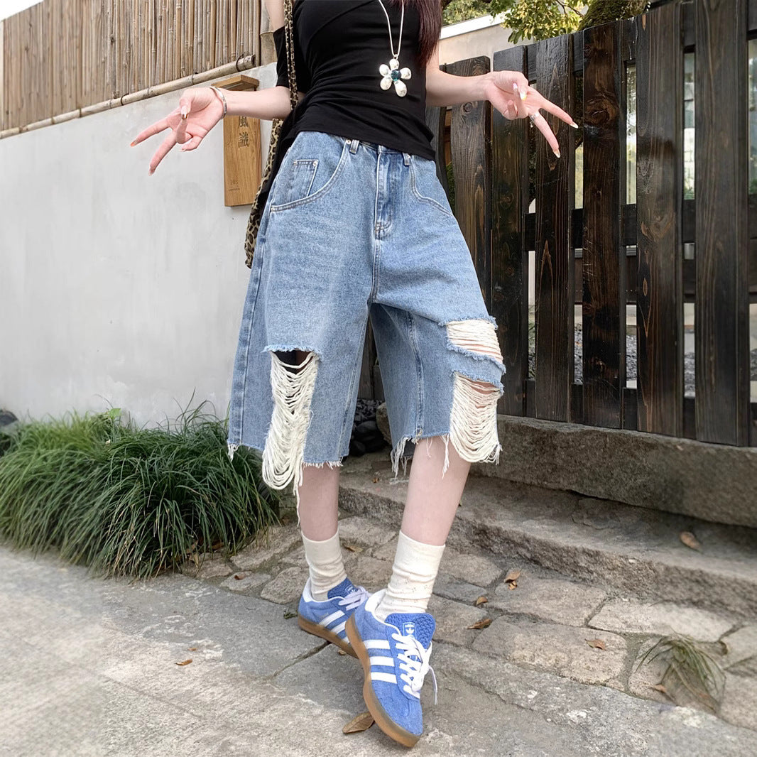 Damen Trendige Denim-Culottes im Destroyed-Look mit hohem Bund R&B