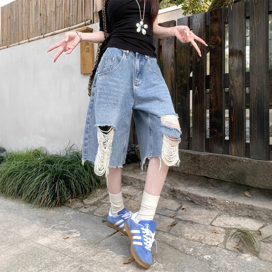 Damen Trendige Denim-Culottes im Destroyed-Look mit hohem Bund R&B