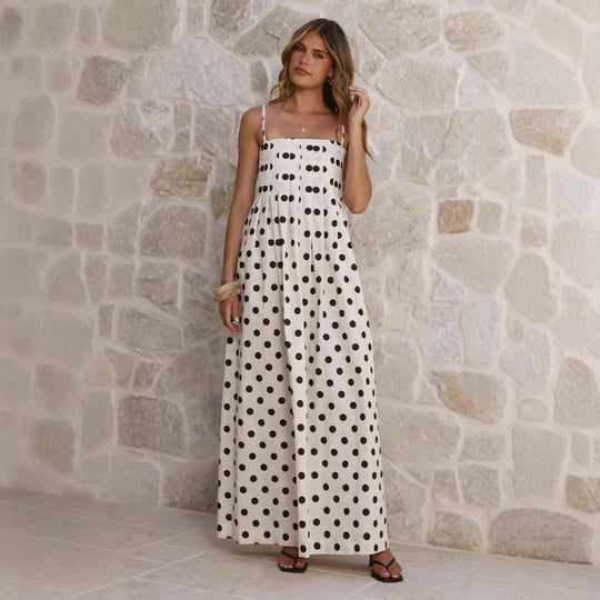 Damen Maxikleid mit verspieltem Punkte-Muster und schulterfreien Trägern R&B