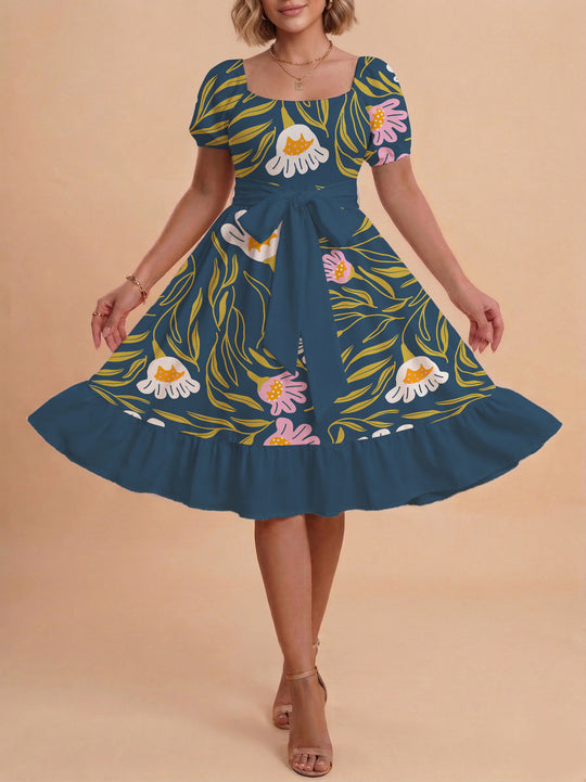 Damen Sommerliches Blumenkleid mit taillierbarem Gürtel und voluminösen Ärmeln R&B