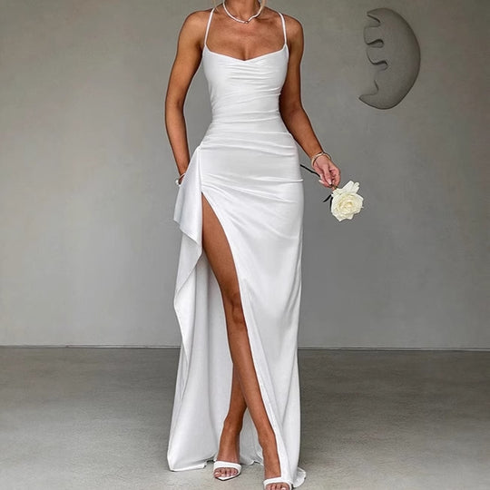 Damen Elegantes Maxikleid mit seitlichem Schlitz und raffinierten Spaghetti-Trägern R&B
