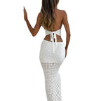 Damen gehäkeltes Maxikleid mit tiefem V-Ausschnitt und figurbetonter Silhouette R&B