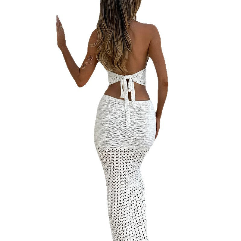 Damen gehäkeltes Maxikleid mit tiefem V-Ausschnitt und figurbetonter Silhouette R&B