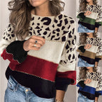 Damen Stylischer Strickpullover mit Leopardenmuster und modischem Farbblockdesign R&B