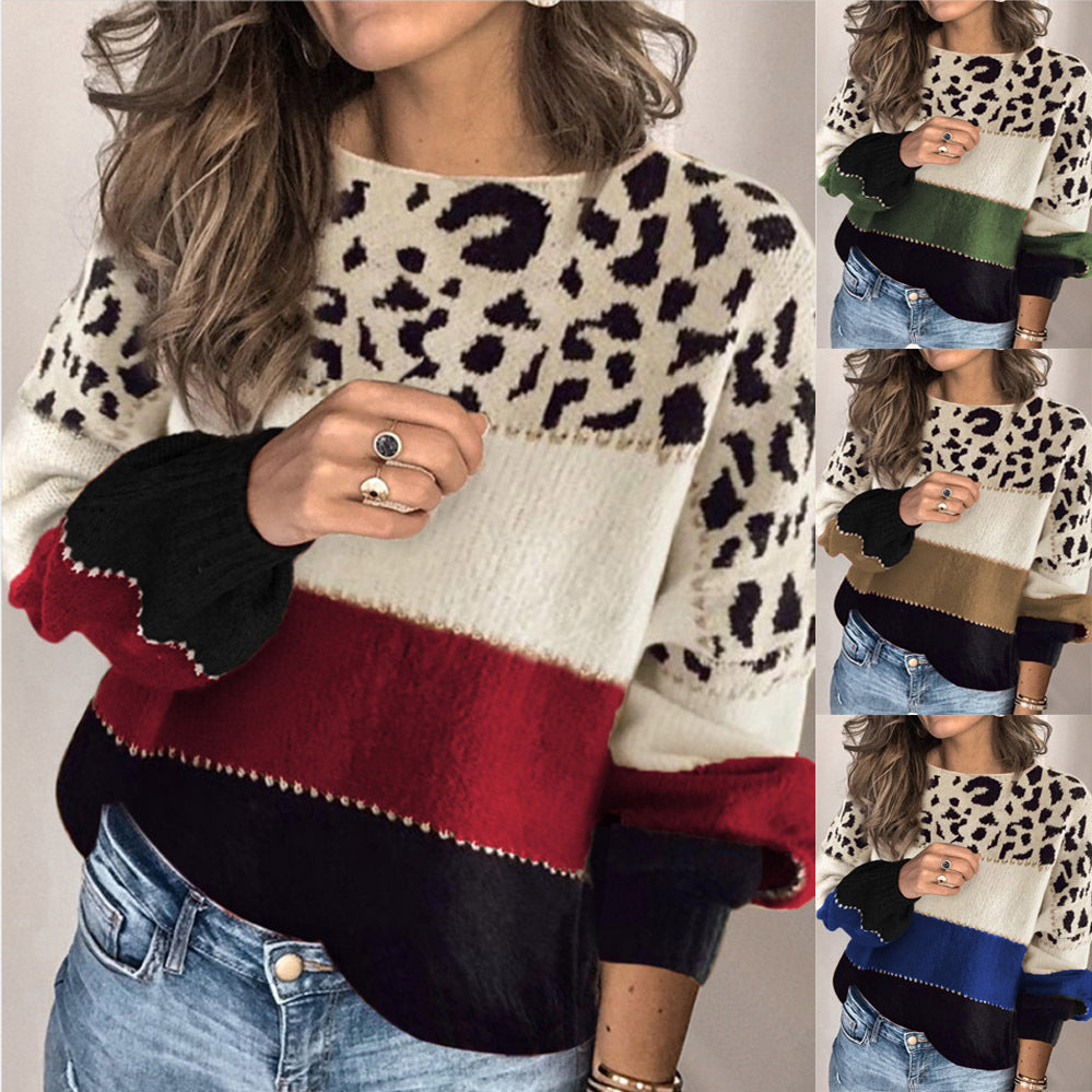 Damen Stylischer Strickpullover mit Leopardenmuster und modischem Farbblockdesign R&B