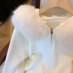 Damen Strickjacke mit abnehmbarer Kunstfellkapuze und enganliegendem Schnitt R&B