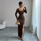Damen nan körpernahes Maxikleid mit Quadratausschnitt, taillierter Raffung und hohem Seitenschlitz R&B