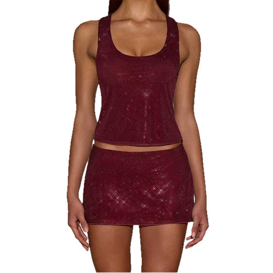 Damen Glitzerndes Sport-Set mit ärmellosem Oberteil und kurzem Rock R&B