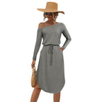Damen lässiges Off-Shoulder Kleid mit elastischem Bund und langen Ärmeln R&B